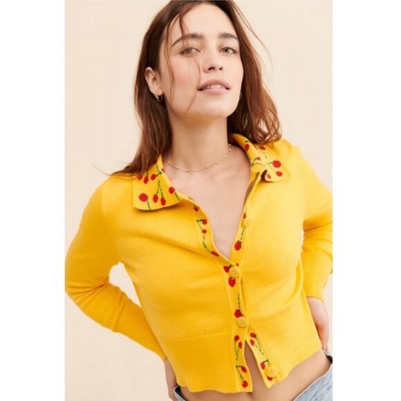 Lisa Says Gah Sweaters - Nuuly x Lisa Says Gah ! Yellow Battenberg Cherry Cardigan cropped small / XS